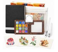 Mini Shimmer Watercolour Paint Set, 15 Colour Glitter Metallic Travel Watercolour Palette Kit with 300GSM Sketchbook, Brush Pens, Clip, Storage Bags, Pocket Art Painting Set for Beginners, Artists