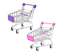 Mini Shopping Cart Trolley, 2 Pcs Storage Basket Kids Toy, Make Up Holder Rack Storage Stainless Metal Racking for Desktop Decoration (Pink & Purple)