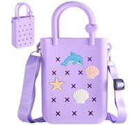Mini Silicone Beach Tote Bag, Waterproof DIY Crossbody Purse with 4 Charms & Removable Strap, Lightweight Hole Bag for Little One & Women, Shoulder Handbag for Travel Picnic Shopping Vacation