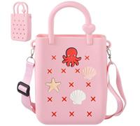 Mini Silicone Beach Tote Bag, Waterproof DIY Crossbody Purse with 4 Charms & Removable Strap, Lightweight Hole Bag for Little One & Women, Shoulder Handbag for Travel Picnic Shopping Vacation
