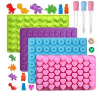 Mini Silicone Gummy Bear Molds (0.7 Inch Bite-Sized) - Non-Stick Chocolate & Candy Mold for Kids, Includes Dinosaur, Bear, Hearts & Donut Shapes (201 Cavities) - 4 Pieces + 3 Droppers by ENBRWAS