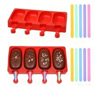 Mini Skater 2 Pack Small Popsicle Molds Oval 4 Cavities Silicone Ice Pop Ice Cream Mold with Acrylic Reusable Popsicle Sticks for DIY Homemade Cake Pops Cakesicles Frozen Treat Maker (Red)