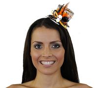 Mini Skull Top Hat Accessory - White Skull and Orange Rose Print Top Hat with Orange and Black Feather Detail - Adults Halloween Day of the Dead Fancy Dress Costume Accessory