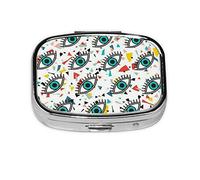 Mini Square Pill Box, Medicine Organiser, Evil Eyes Portable First Aid Box, Travelling Pill Box with 2 Compartments, Small Pill Box for Pocket Or Purse