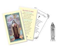 Mini St Therese of Lisieux Statue (3 Inch) - Laminated Prayer Card, The Lord's Prayer - Catholic Cards Set - The Little Flower Small Theresa Figurine - 3 Items