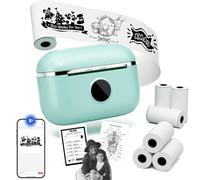 Mini Sticker Printer - Print Pods Mini Thermal Printer with 6 Rolls Paper, Bluetooth Sticker Maker Machine for Kids, Inkless Portable Sticker Maker, for Notes, Journal, DIY, Scrapbook, Diagrams, Green