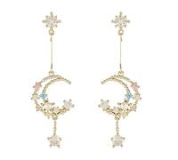 Mini Stud Earrings Silver Drop Earrings Sky Pearl Earrings Moon Star Needle and Night Diamond Long and Pendant Earrings Women Earrings for Mother Ramadan Gifts (Multicolor, One Size)