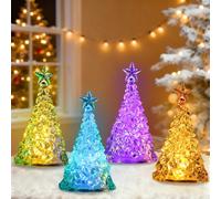 Mini Tabletop Christmas Trees Acrylic Xmas Tree 4Pcs, Light Up Miniature Tree Ice Crystal Christmas Trees Colour Changing Mini Tree Battery Operated for Home Study Bedroom Office Desk Windows Decor