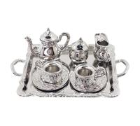 Mini Tea Set, Metal 1/12 Miniature Tea Set, Vintage Pattern Tiny , Decorative Mini Cups Tray Kit for Dollhouse House Ornament Tiny Miniature