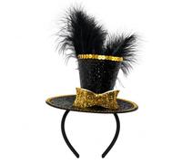 Mini Top Hat Headband for Women, Black Gold Glitter Fascinator Hat with Feather Plume and Bow, Fancy Dress Headwear for Circus Ringmaster, Steampunk, Mad Hatter, Halloween, Carnival, Christmas Party