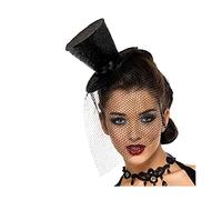 Mini Top Hat on Headband with Sequin Trim and Netting Women Costume Accessory (Black)