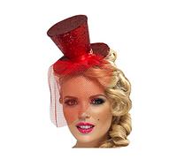 Mini Top Hat on Headband with Sequin Trim and Netting Women Costume Accessory (Red)