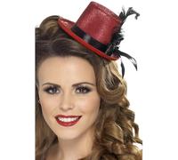 Smiffys Mini Tophat, Red with Black Ribbon and Feather, 1920's Razzle Fancy Dress, 1920s Dress Up Hats