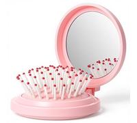 Mini Travel Brush for Women Folding Hair Brush Portable Mini Hairbrush with Mirror, Compact Pop Up Pocket Brushes, Small Travel Size Flip Brushes for Purse Girls Wet and Dry Hair, Pink