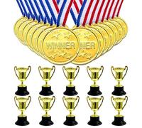 Mini Trophies And Medals For Children - Set Of 10 Gold Mini Trophies And 10 Medals - Perfect For Pass The Parcel Gifts And Classroom Rewards - Ideal For Kids' Achievements Rewards