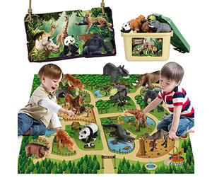 Mini Tudou 12 Pcs Safari Animals Figures Toys w/ 145x98CM Large Activity Play Mat, Realistic Jumbo Jungle Wild Zoo Animals Figurines Playset w/ Elephant, Giraffe, Lion for Kids Toddlers Boys & Girls