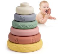 Mini Tudou 6 Pcs Baby Stacking & Nesting Circle Toy, Soft Building Blocks Stacker & Teethers, Squeeze Play with Early Educational Learning Ringtower, Present for Ages 1 2 3 4 Boys & Girls