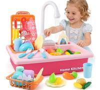Mini Tudou Play Kitchen Toy Sink with Running Water for Kids Pink | Upgraded Faucet with Automatic Water Cycle, Electric Dishwasher, Pretend Role Play Toy for Toddlers Girls Boys 3+