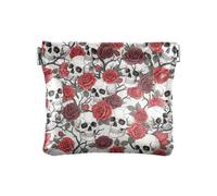 Mini Wallets for Women, White Daisies Yellow Blue Mini Purse Small Change Bag, Pu Leather Change Purse for Women, White Skulls Red Roses, One Size, White Skulls Red Roses