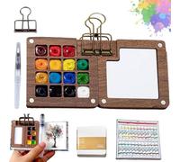 Mini Watercolor Kit, 2025 New Watercolor Set, Pocket Artist Travel Kit, Water Color Paint Sets, Water Colors Set with Color Paints, Wooden Grid Paint Box for Painters Artists Students (15 Grids)