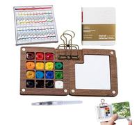 Mini Watercolor Paint Set with Picture Book, Mini Watercolors Travel Sets with 12/24 Color Paints, Pocket Water Color Palette Collection Kit for Painter Artist Student (Walnut+15Grid+24Color)