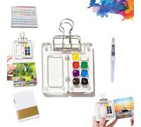 Mini Watercolour Kit, Mini Watercolour Paint Set Travel, Beginner-Friendly Watercolors Workbook, Watercolor Paint Set, Wooden Grid Paint Box for Painters Artists Students (White-8 grids)