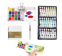 Mini Watercolour Kit,Portable Travel Watercolours Kit，Pocket Watercolour Set, Includes 24 Colors Mini Paint With 15 Grids Palette,1 Sketchbook,1 Watercolor Pen & Metal Clips for Painting Enthusiasts