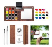 Mini Watercolour Paint Kit - Travel Watercolour Set, 15 Grid Wood Pocket Water Colour Palette Set With Sketchbook, Clip, Pen and 15 Colors, Art Painting Set Gift for Beginners, Artists and Student