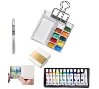 Mini Watercolour Paint Set, Pocket Artist Watercolour Travel kit -Portable Water colour,Set 21 Grids 24 Pigments Travel Kit with Foldable Wooden Palette, Sketchbook, Brush