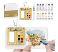Mini Watercolour Paint Set,Pocket Artist Watercolour Travel Set,8 Grids Wood Pocket Artist Palette Kit,12 Colors water Colour Paints Sets,Sketchbook Brush Watercolour for Painters,Artists and Student