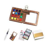 Mini Watercolour Paint Set Travel Kit, 8/15-Grid Portable Watercolor Set with Foldable Wooden Palette, Sketchbook & Brush, Pocket Art Set for Travel Sketching, Beginners & Artists (Walnut) (B)