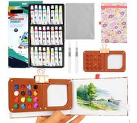 Mini Watercolour Paint Set Travel, Pocket Watercolour Set, Watercolor Kit | 15 Grids Wooden Palette, 24 Colours, 2 Brushes, Metal Clip & Sketchbook for Artists, Beginners & Travel Sketchers