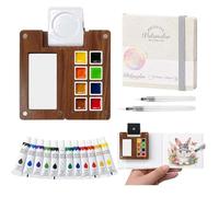 Mini Watercolour Paint Set Travel Watercolour Kit with 8 Grid 3.7in Wood Pocket Palette Set Includes 12 Colors, Sketchbook,Clip and Pen for Artists,Art Painting Gift for Beginners and Journey Painting