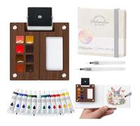 Mini Watercolour Paint Set Travel Watercolour Kit with 8 Grid Wood Pocket Palette Set Includes 12 Colors, Sketchbook, Clip and Pen for Artists,Art Painting Set Gift for Beginners and Journey Painting