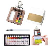 Mini Watercolour Paint Set Travel Watercolour Set 8-Grid Wooden Portable Watercolor Palette with 12 Colors Watercolor Paints, Includes Sketchbook & Watercolor Brush - Perfect for Artists, Beginners an