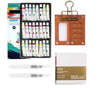 Mini Watercolour Paint Set Travel Watercolour Set,8 Grids Wood Pocket Artist Palette Kit with Metal Clip,12 Colors for Pocket Artist Watercolour Gift for Painters、Artists and Student (White-8+24)