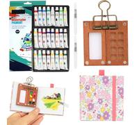 Mini Watercolour Paint Set Travel Watercolour Set,8 Grids Wood Pocket Artist Palette Kit with Metal Clip,12 Colors for Pocket Artist Watercolour Gift for Painters、Artists and Student (Pink-8+24)
