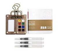 Mini Watercolour Set with Wooden Palette & Sketchbook, 8 Grid Magnetic Mixing Palette (Foldable), Watercolour Paper Journal, 3 Water Brushes, Portable Artists & Travel