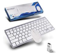 Mini Wireless Keyboard and Mouse Set,(Bluetooth5.2+2.4G)Dual-Mode USB Cordless Keyboard and Silent Mouse Combo, Multimedia Shortcuts for Mac,Computer,PC,Laptop,Battery-powered,QWERTY US Layout,Silver