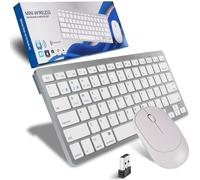 Mini Wireless Keyboard and Mouse Set, Bluetooth5.2/3.0 & 2.4G 3-Mode Cordless USB Keyboard and Silent Mouse Comb,Multimedia Shortcuts for Mac,Computer,PC,Laptop,Battery-powered,QWERTY US Layout,Silver