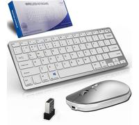 Mini Wireless Keyboard and Mouse Set(Bluetooth5.2+5.2+3.0+2.4G)Upgrade 4 Mode USB Cordless Keyboard and Silent Mouse Combo,Rechargeable Multimedia Shortcuts for Mac,Computer,PC,Laptop,QWERTY US,Silver