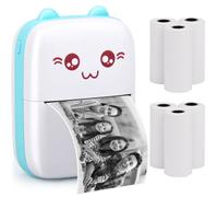 Mini Wireless Thermal Portable Printer Bluetooth 6 Rolls Paper for Android IOS Phone Inkless Gift for Label Receipt Photo Note Study Home Office Blue