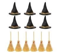 Mini Witch Hat - 4 Inch Broom | Resin Decor - Handmade Halloween Party Accessory 12 Pieces for Homes, Birthdays, Weddings and Games,