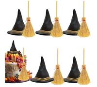Mini Witch Hat Set, Small Compact Black Witch Hats with Broom, Adorable Halloween Costume Accessories for Girls, Kids Childrens Dolls and Party Decor, 4.53x1.65x0.24 inches