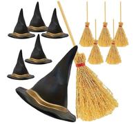 Mini Witch Hat - Small Black Miniature 12PCS Set, Handcrafted Witch Hats, Brooms, Festive Party Decoration | Adult And Children Themed Events, Doll House Décor, Present, Halloween Celebration