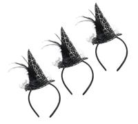 Mini Witches Hat Headband - Pack Of 5 - Black Witch Hat with Feathers, Rose, Netting & Silver Spider Web Design - Perfect Halloween Fancy Dress Accessory for Women