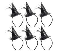 Mini Witches Hat Headband - Pack Of 6 - Black Witch Hat with Feathers, Rose, Netting & Silver Spider Web Design - Perfect Halloween Fancy Dress Accessory for Women