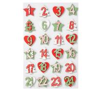 Mini wooden numbers set from 1 to 24 in colourful star, tree and heart shapes; height approximately 2.7 cm