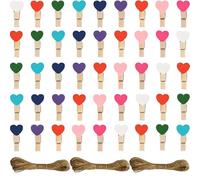 Mini Wooden Pegs, 153 Set Included 150 PCS Colorful Heart Mini Pegs and 3 PCS 10M String for Photos, Functional Small Wooden Peg for DIY Decoration Hanging Photos Postcards Clothes