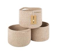 MiniArk Small Basket for Organizing | Cube Shelf Closet Storage Baskets | 9.7×9.7×7.1” | Woven Rope Gift Basket | Nursery | Round 3 Packs Mixed Brown